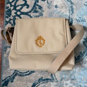 Lauren Ralph Lauren Beige Canvas Crossbody 9x9 Gold LRL Logo Flap
